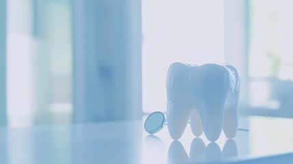 Dental model with a mirror on a white table, softly lit clinic background