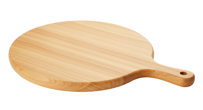 Round wooden pizza peel isolated on transparent background, serving board with handle for kitchen and restaurant use
