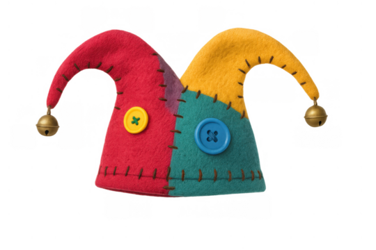 Jester hat with bells and buttons, a colorful felt costume accessory for parties, celebrations, and april fool's day fun
