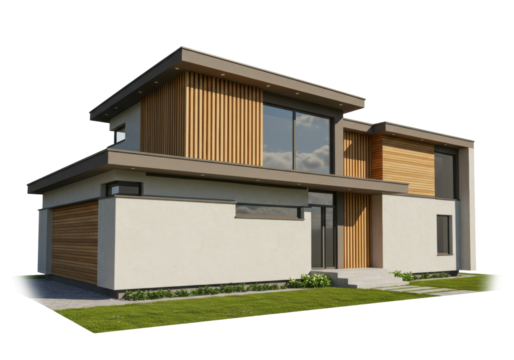 Modern house exterior isolated on transparent background, contemporary home design with wood and stucco facade, architectural rendering