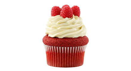 Red velvet cupcake with cream cheese frosting and raspberries isolated, delicious dessert for birthday party or special occasion