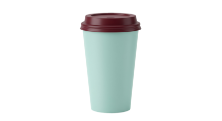 Reusable light blue coffee cup with maroon lid isolated on transparent background, eco-friendly travel mug for hot drinks