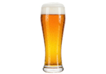 Refreshing wheat beer in a tall glass isolated, golden color beer with foam head and condensation drops on glass