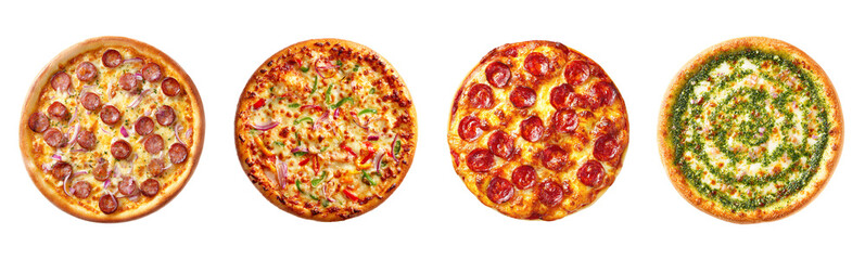 Different pizza flavors set and collection isolated on white background. Assorted various pizza top view set. pepperoni, pesto, vegetable, meat lover, cheesy pizza set assorted on white.