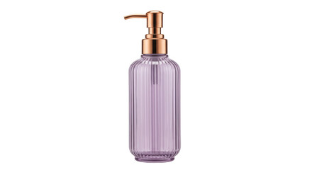 Naklejka premium Elegant purple glass soap dispenser with copper pump isolated, bathroom accessory for liquid soap or lotion on no background