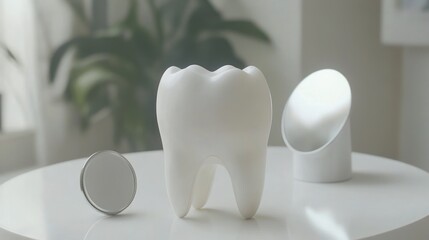 White tooth model, round mirror, and small vase on a round white table