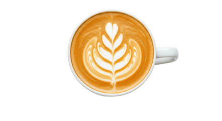 Latte art in a white cup isolated on a clean backdrop, coffee drink with leaf pattern for cafe menu and beverage design