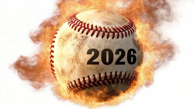 Fiery baseball 2026: flame-engulfed sports symbol of upcoming season