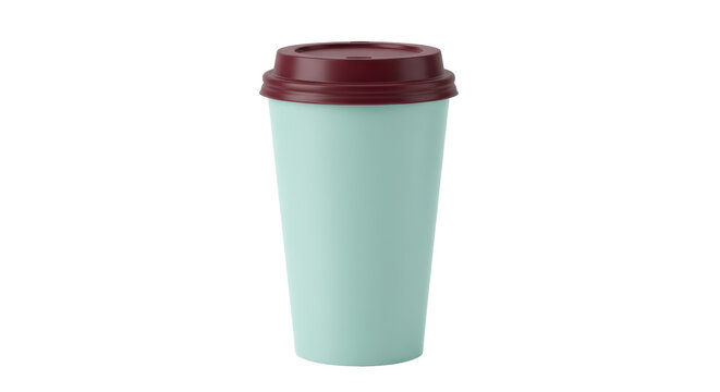 Reusable light blue coffee cup with maroon lid isolated on transparent background, eco-friendly travel mug for hot drinks