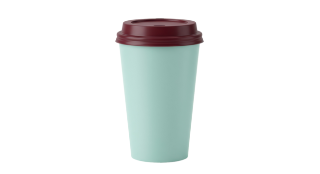 Reusable light blue coffee cup with maroon lid isolated on transparent background, eco-friendly travel mug for hot drinks