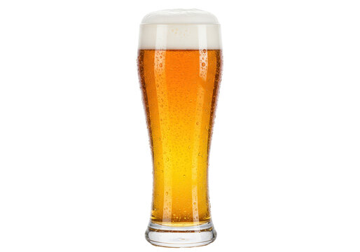 Refreshing wheat beer in a tall glass isolated, golden color beer with foam head and condensation drops on glass