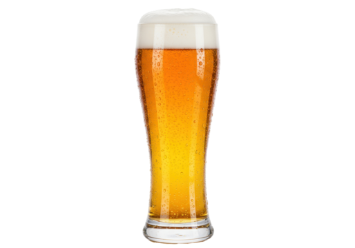 Refreshing wheat beer in a tall glass isolated, golden color beer with foam head and condensation drops on glass