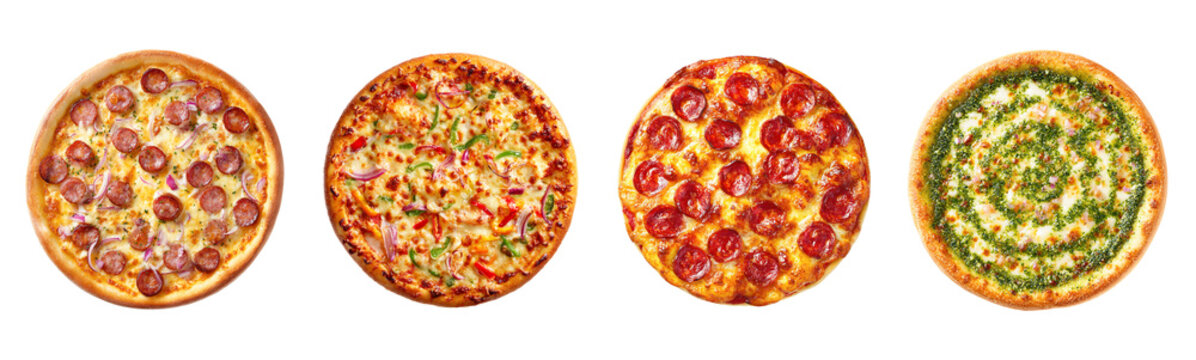 Different pizza flavors set and collection isolated on white background. Assorted various pizza top view set. pepperoni, pesto, vegetable, meat lover, cheesy pizza set assorted on white.
