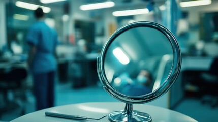 Exam room reflected in mirror. Dentist, doctor, or surgeon nearby, teal hues