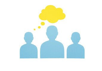 Three light blue people silhouettes with yellow thought bubble isolated on white, teamwork and brainstorming concept PNG