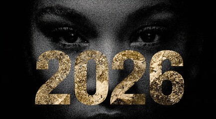Intense golden makeup with glitter numbers 2026 across face, blending art and beauty with festive light reflection, symbolizing confidence, glamour, and bold creative expression for New Year concept.