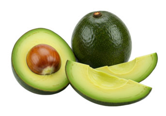 Fresh whole and sliced avocado isolated, healthy green fruit rich in nutrients for vegan diet and culinary use