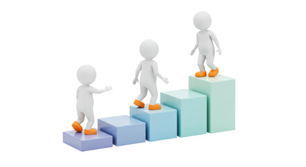 3D stick figures climbing bar graph isolated, concept of career growth and business success on transparent background