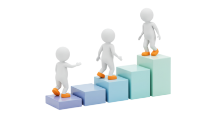 3D stick figures climbing bar graph isolated, concept of career growth and business success on transparent background