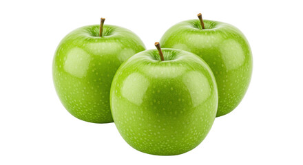 Three green Granny Smith apples isolated on transparent background, fresh and juicy fruit for healthy eating and cooking