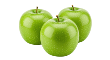 Three green Granny Smith apples isolated on transparent background, fresh and juicy fruit for healthy eating and cooking