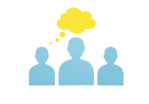 Three light blue people silhouettes with yellow thought bubble isolated on white, teamwork and brainstorming concept PNG