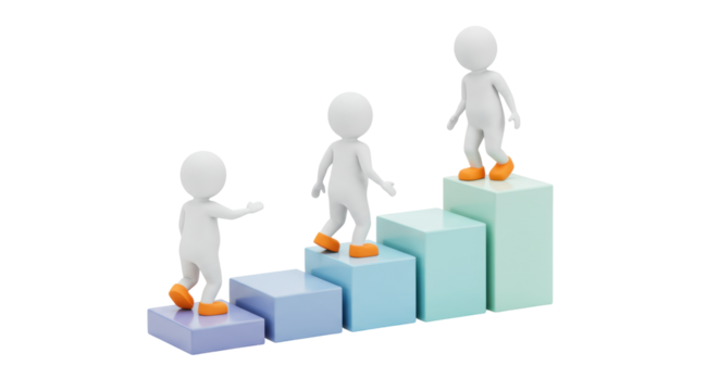 3D stick figures climbing bar graph isolated, concept of career growth and business success on transparent background