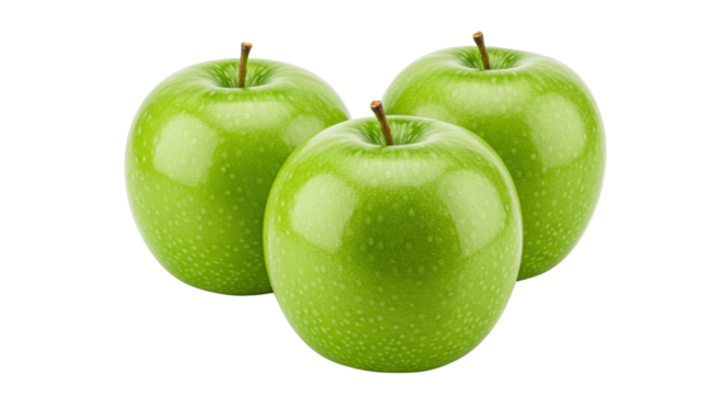 Three green Granny Smith apples isolated on transparent background, fresh and juicy fruit for healthy eating and cooking - Powered by Adobe