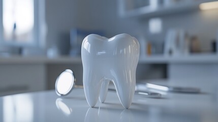 Polished tooth model with instruments on a clean white surface, soft lighting
