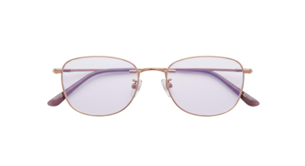 Rose gold metal frame eyeglasses with purple lenses isolated, stylish eyewear for vision correction and fashion accessory
