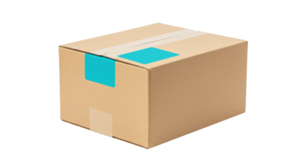 Cardboard box isolated on transparent background, brown parcel with blue labels for shipping and delivery