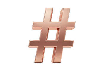 Rose gold hashtag symbol isolated PNG on transparent background, 3D rendering of number sign for social media and marketing