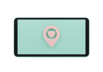 Tablet with pink heart location pin isolated on light green, mobile device for navigation and dating app design PNG