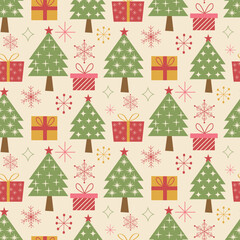 Mid Century Modern Christmas green trees with atomic starbursts, gifts and snowflakes seamless pattern. For wrapping paper, Christmas d&eacute;cor and fabric