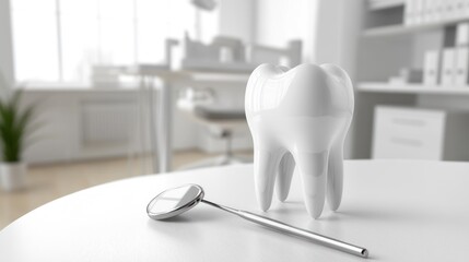 A large, pristine tooth model sits next to a dental mirror on a white table, office background