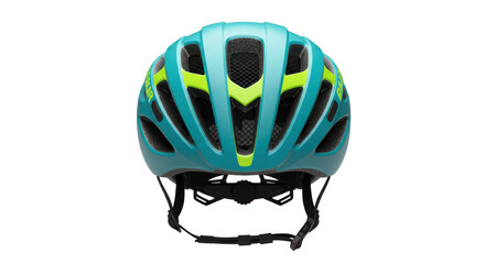 Teal and yellow bicycle helmet isolated on transparent background, cycling safety gear for sports and recreation