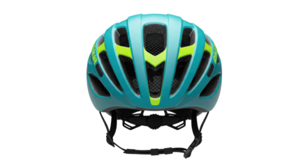 Teal and yellow bicycle helmet isolated on transparent background, cycling safety gear for sports and recreation