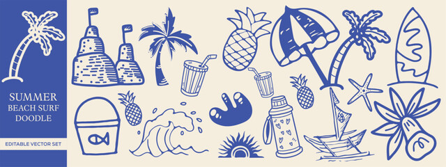 Hand Drawn Beach and Surf Doodle Vector Set with Tropical Elements for Summer Designs