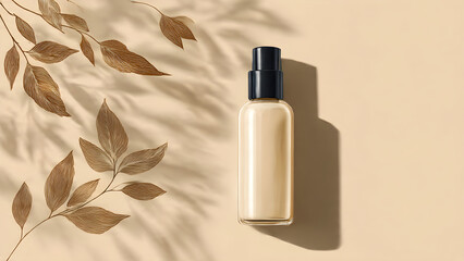 a simple skincare bottle with shadow beige background