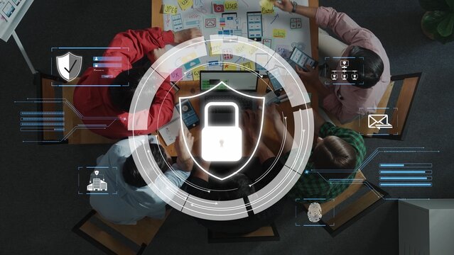 A diverse group of professionals engages in a brainstorming session about cybersecurity strategies, with a digital lock graphic symbolizing protection and security. Raster - Powered by Adobe