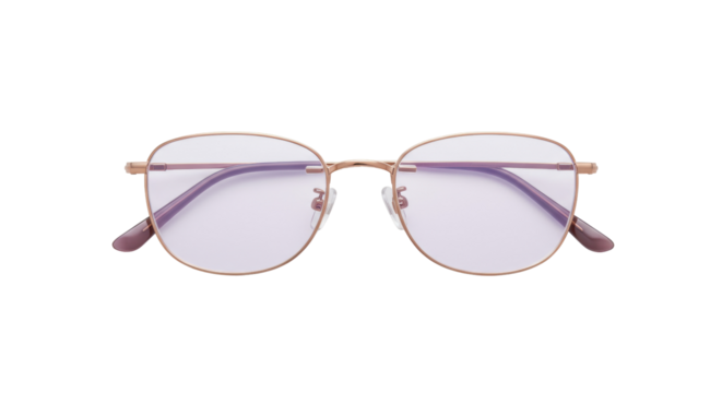 Rose gold metal frame eyeglasses with purple lenses isolated, stylish eyewear for vision correction and fashion accessory - Powered by Adobe