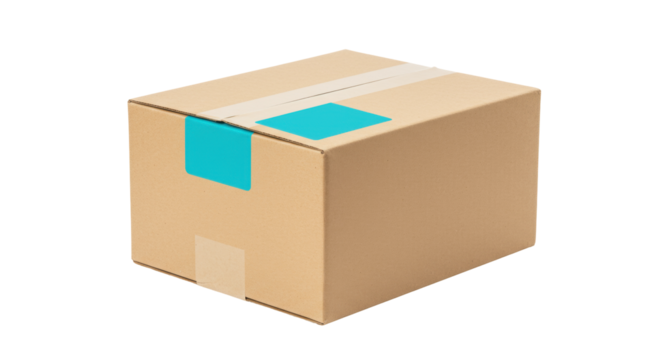Cardboard box isolated on transparent background, brown parcel with blue labels for shipping and delivery