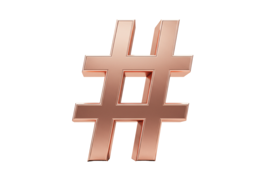 Rose gold hashtag symbol isolated PNG on transparent background, 3D rendering of number sign for social media and marketing