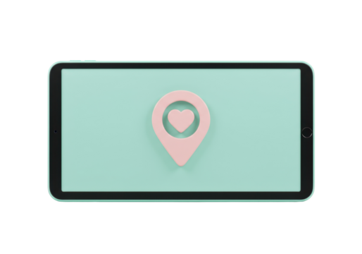Tablet with pink heart location pin isolated on light green, mobile device for navigation and dating app design PNG - Powered by Adobe