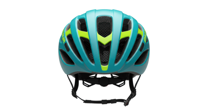 Teal and yellow bicycle helmet isolated on transparent background, cycling safety gear for sports and recreation