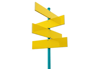 Directional signpost with four yellow signs isolated on transparent background, wayfinding signage PNG for navigation and information