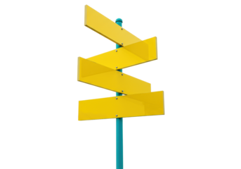 Directional signpost with four yellow signs isolated on transparent background, wayfinding signage PNG for navigation and information