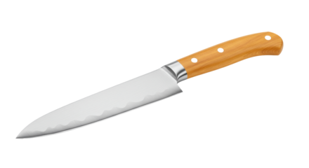 Chef s knife with wooden handle isolated on white, kitchen utensil for food preparation and cooking, high-quality steel blade