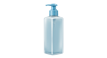 Tall square blue bottle with pump isolated PNG, liquid soap dispenser for bathroom or kitchen on transparent background