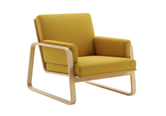 Modern yellow armchair isolated on transparent background, contemporary furniture with wooden frame for living room and interior design
